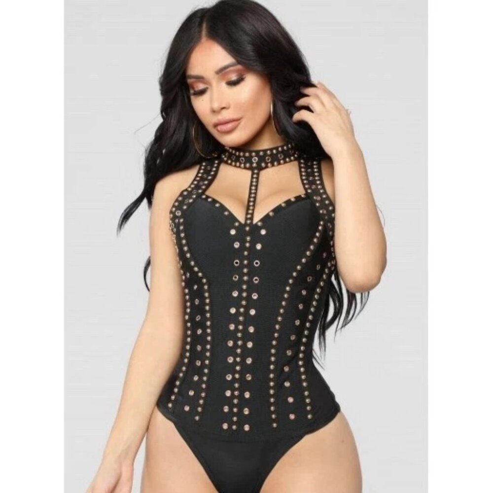 Fashion Nova Women's Bandage Corset Top Bodysuit Studded